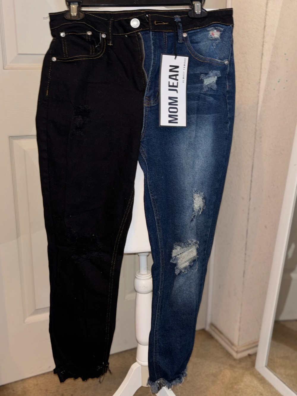 Mom Jean - Two-Tone Black & Blue Distressed Women’s Jeans